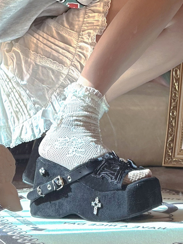 Y2K Skeleton Hand Embroidered Letters Punk Platform Slippers