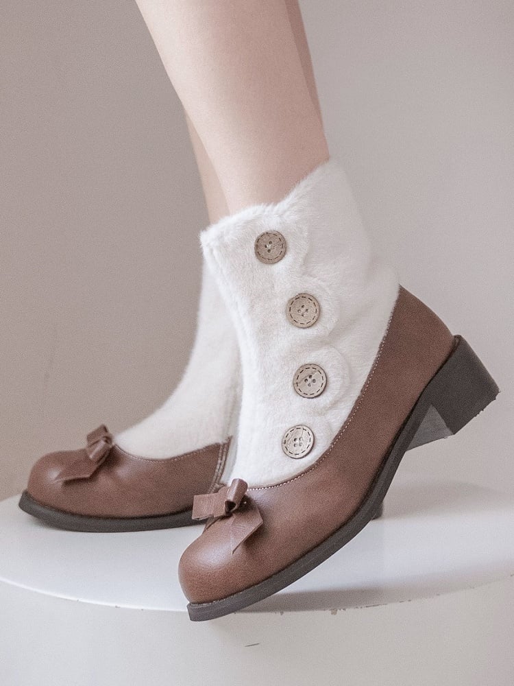 Brown & White Elegant Lolita 4cm/6cm Mid-heel Winter Boots - Plush Lining with Button Accents, Bow Details & Inner Zipper