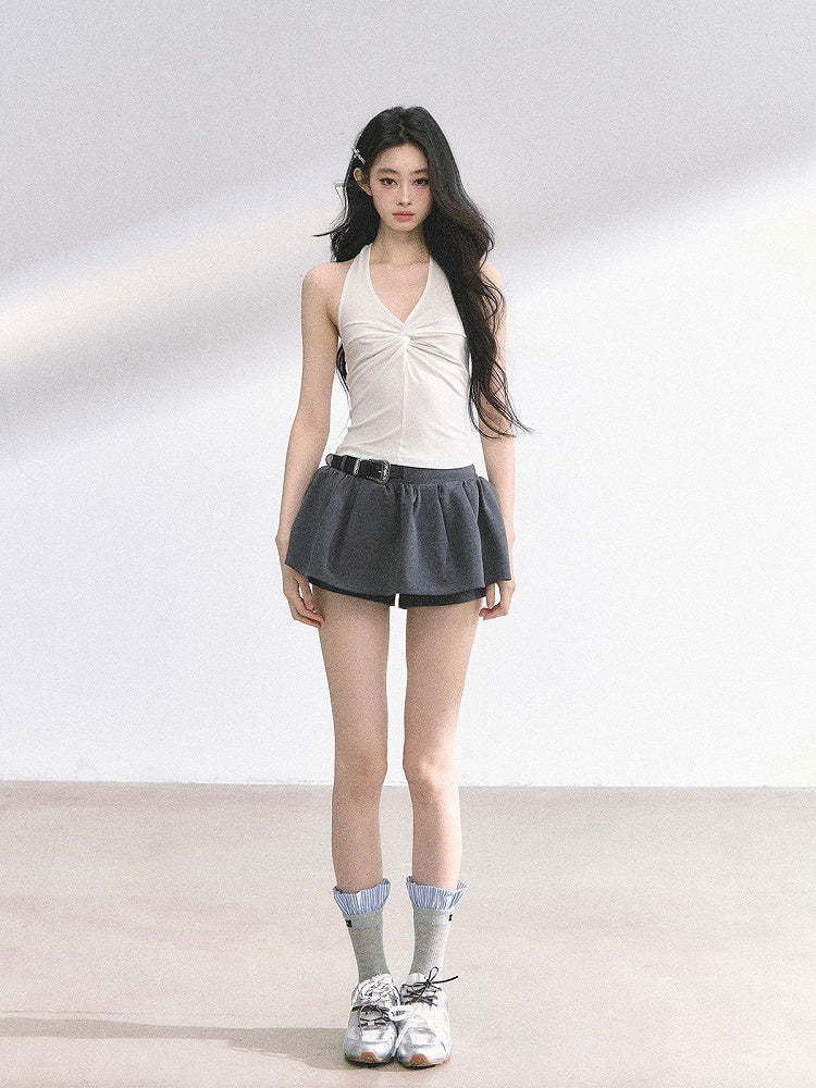 Twist Detail Neckline Lace Butterfly Applique White/Gray/Blue Backless Halter Top