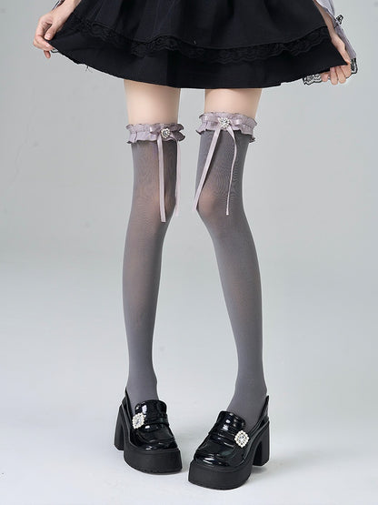 White/Grey/Black Jirai Kei Heart-shaped Rhinestone Bowknot Ruffled Cuff Overknee Stockings