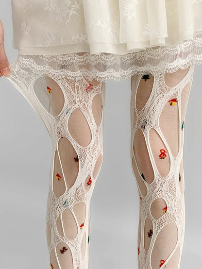 Gray/White/Brown/Black Y2K Asymmetrical Design Cut-out Details Tights