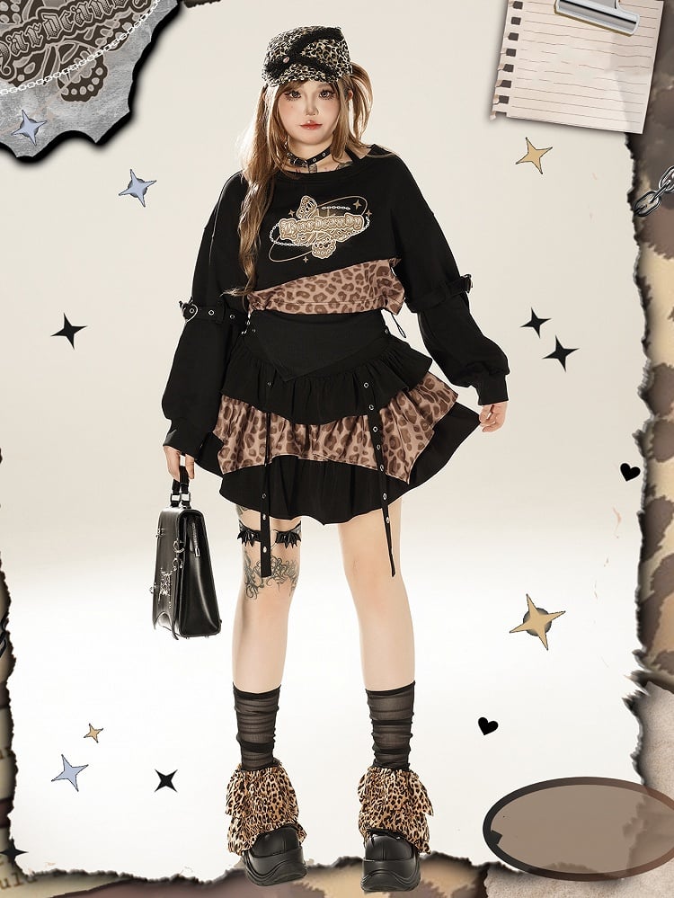 Plus Size Straps Design Leopard Pattern Black and Brown Tiered Skirt