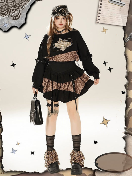 Plus Size Straps Design Leopard Pattern Black and Brown Tiered Skirt