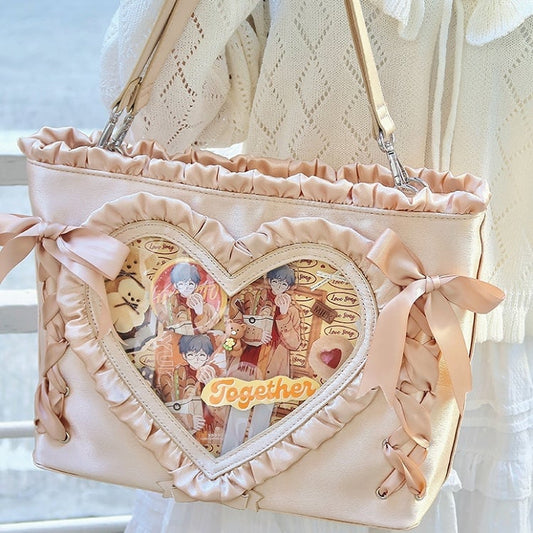 Gold Stain Lace-up Design Ruffles Trim Heart Tota Ita Bag