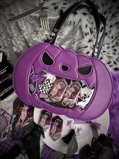 Halloween Purple Pumpkin Ita Tote Bag Lace-up on Both Sides Bowknot at Top