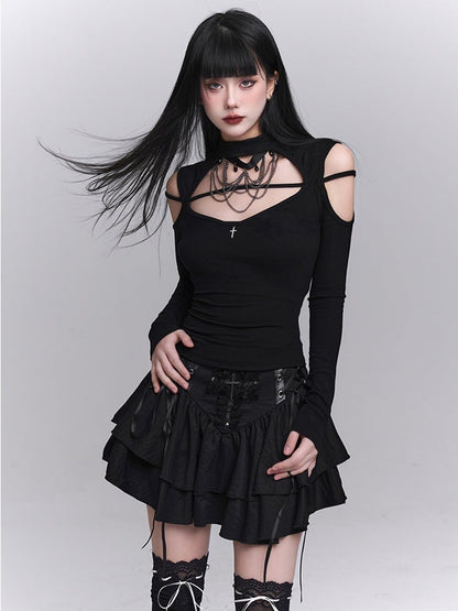 Black Crew Neck Cutout Shoulder Cross Embellished Top