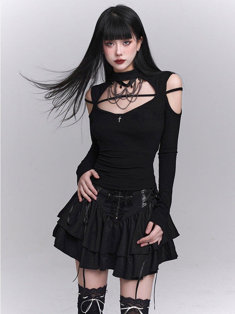Black Crew Neck Cutout Shoulder Cross Embellished Top