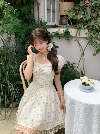 Beige Square Neckline and Short Puff Sleeves Mori Kei Floral Dress