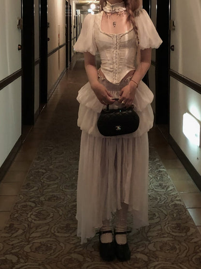 Apricot Puff Sleeve Romantic Top with Lace-Up Back