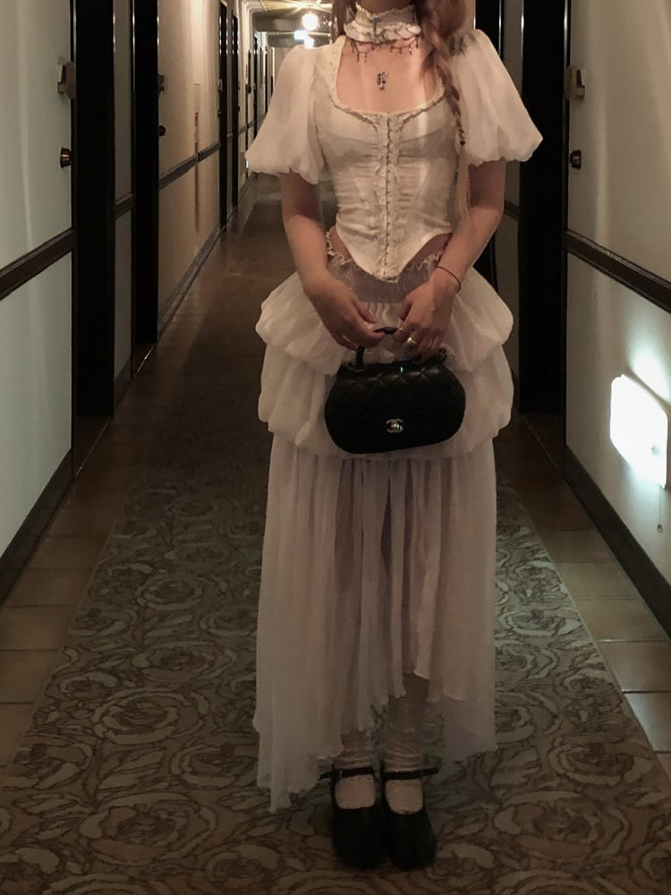 Apricot Ankle-Length Tiered Bubble Skirt with Ruffled Hem