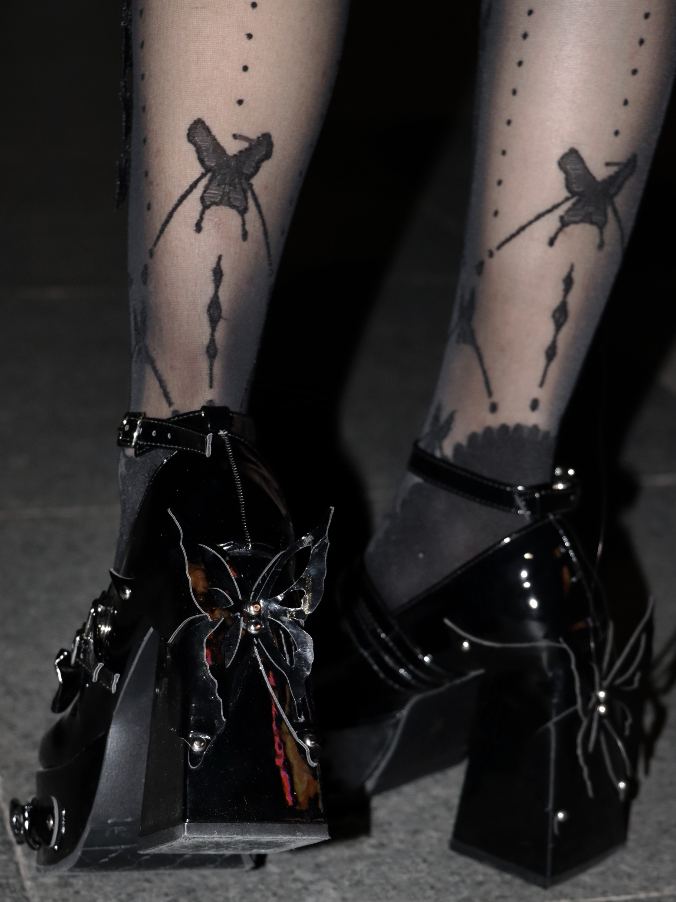 Black Bowknot Stud Butterfly Design Platform High Block Heels Lolita Shoes