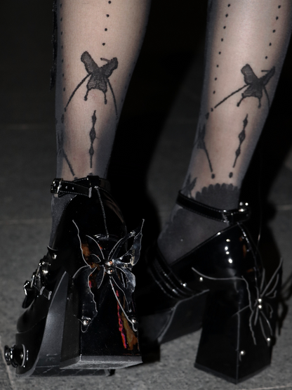Black Bowknot Stud Butterfly Design Platform High Block Heels Lolita Shoes