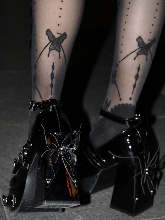 Black Bowknot Stud Butterfly Design Platform High Block Heels Lolita Shoes