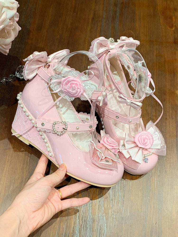 Pink Elegant Lolita Wedge Shoes in PU Leather with Removable Rose Details & Beadwork