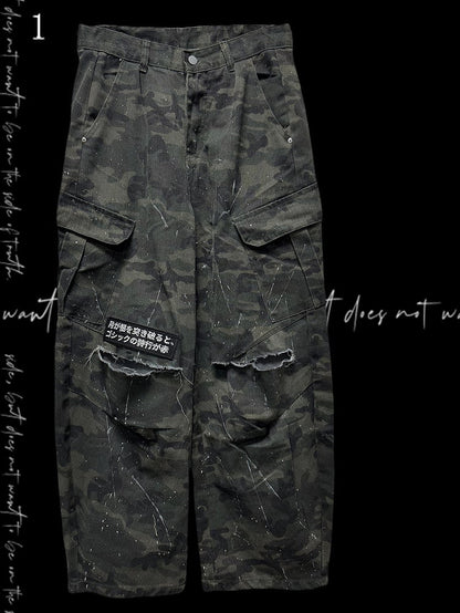 Army Green Camo Pattern Wide-Leg Cargo Pants