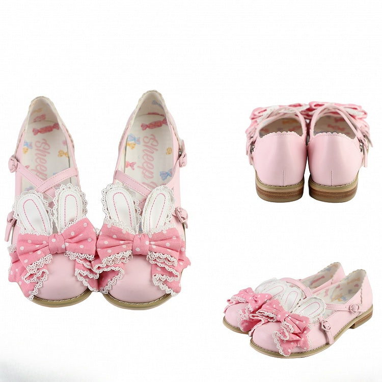 Pink Crisscross Design Bunny Ear Polka-dot Pattern Bow at Top Lolita Shoes