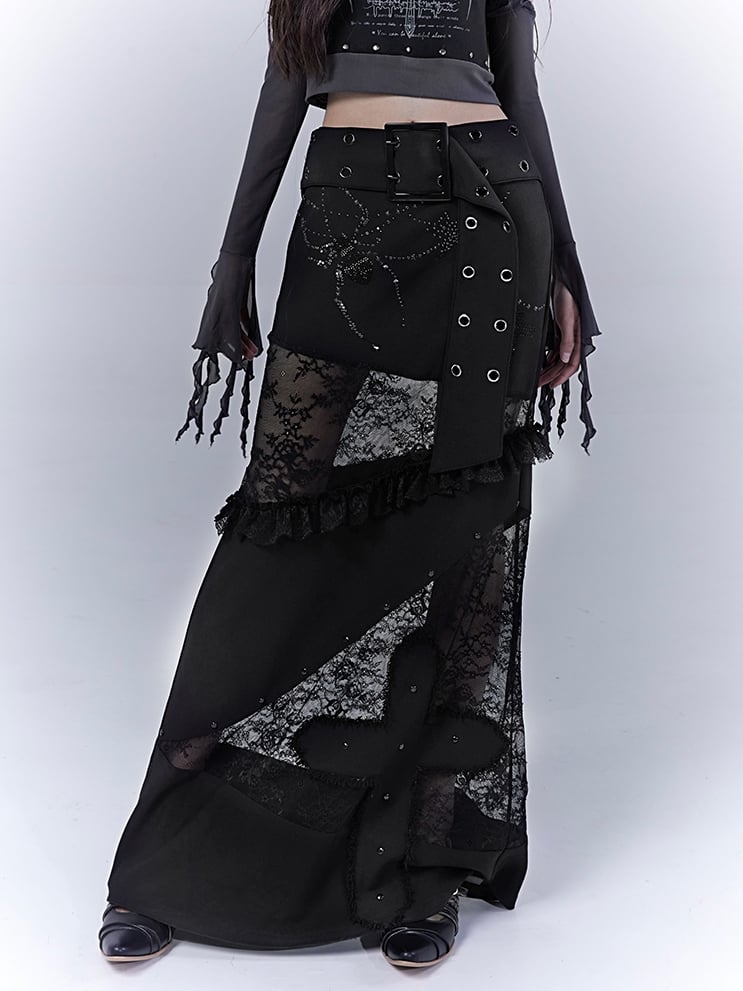Black Low Waist Lace Patches Cross Applique Punk Skirt with Buckle Belt