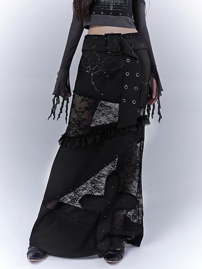 Black Low Waist Lace Patches Cross Applique Punk Skirt with Buckle Belt