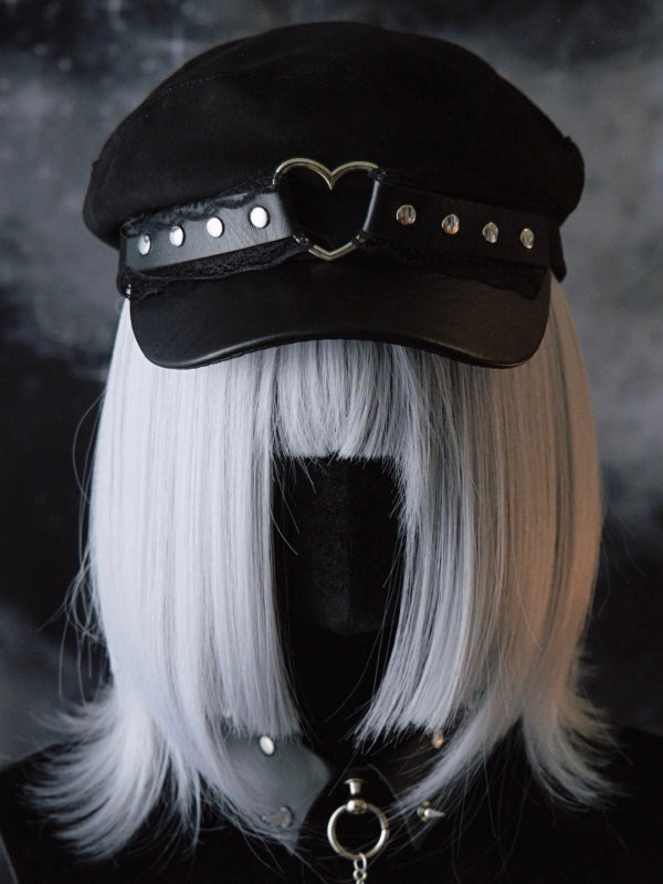 Black Gothic Heart Ring Studs Details Lace Trim Beret Hat