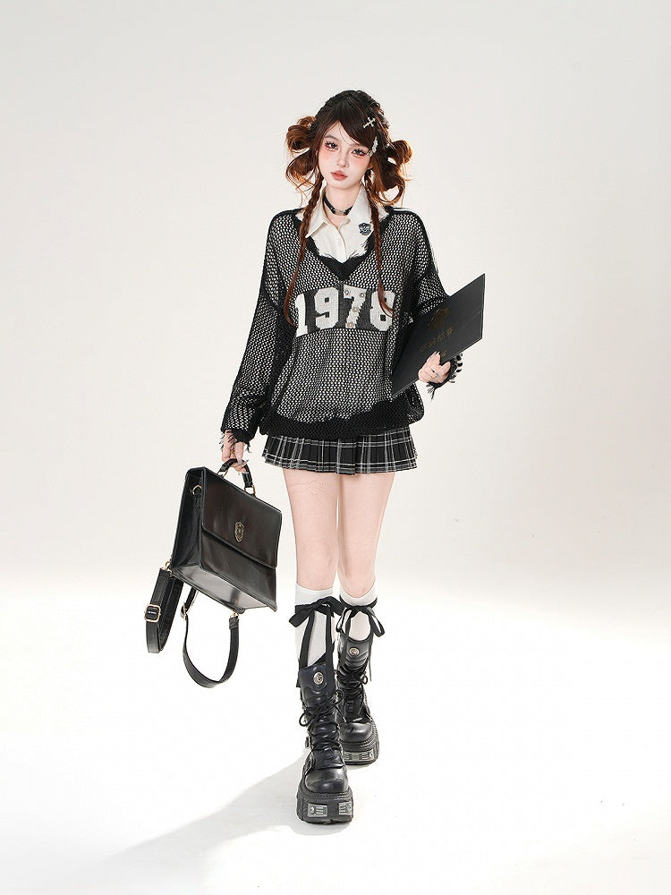 Raw Hem Number Print Black/White Hollow-out Coverup