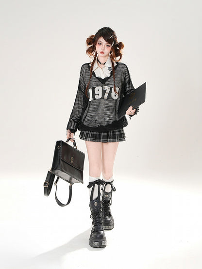 Raw Hem Number Print Black/White Hollow-out Coverup