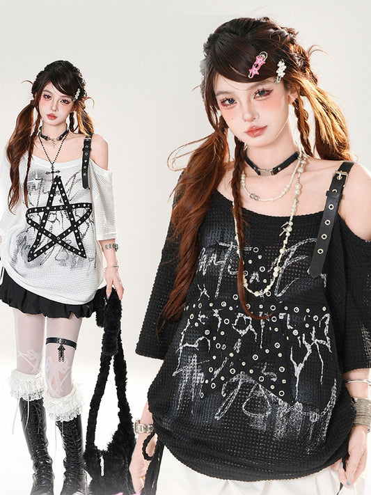 Asymmetrical Neckline Star-shaped Straps Black/White Waffle T-shirt