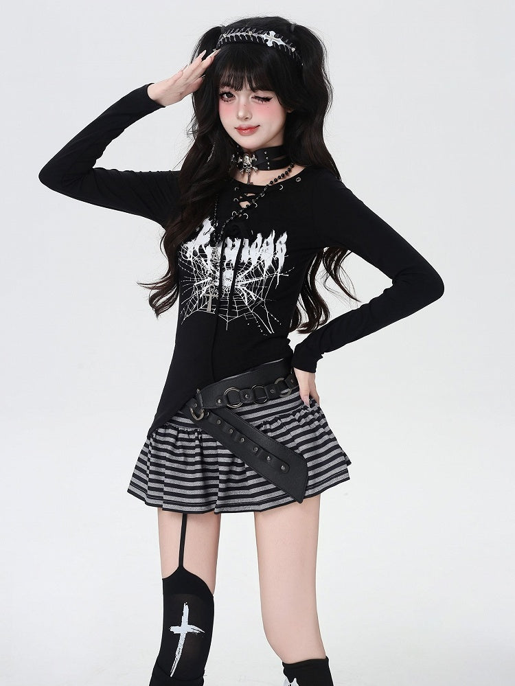 Spider Web Print Lace-up Neckline Asymmetrical Hem Black Top