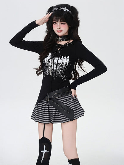 Spider Web Print Lace-up Neckline Asymmetrical Hem Black Top