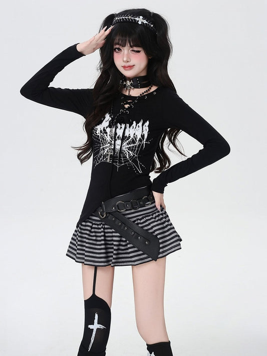 Spider Web Print Lace-up Neckline Asymmetrical Hem Black Top