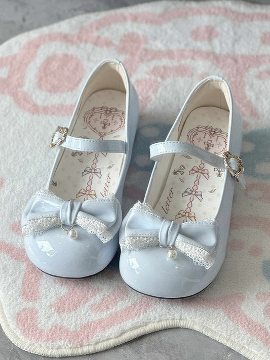 Blue Lace Trim and Bead Charm Decorated Bowknot Sweet Lolita Mary Janes