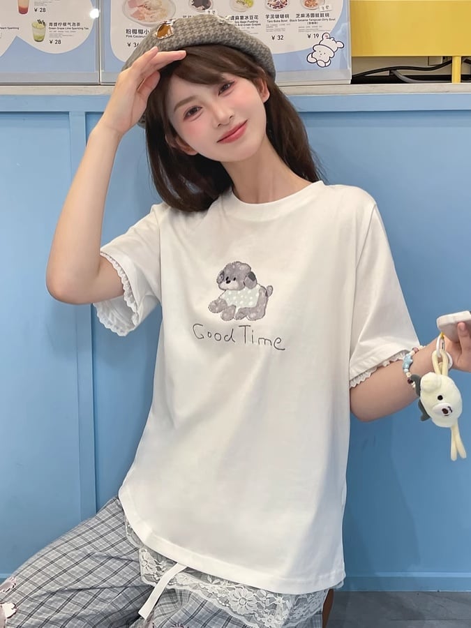 Adorable Puppy Print White Round Neck Loose T-shirt