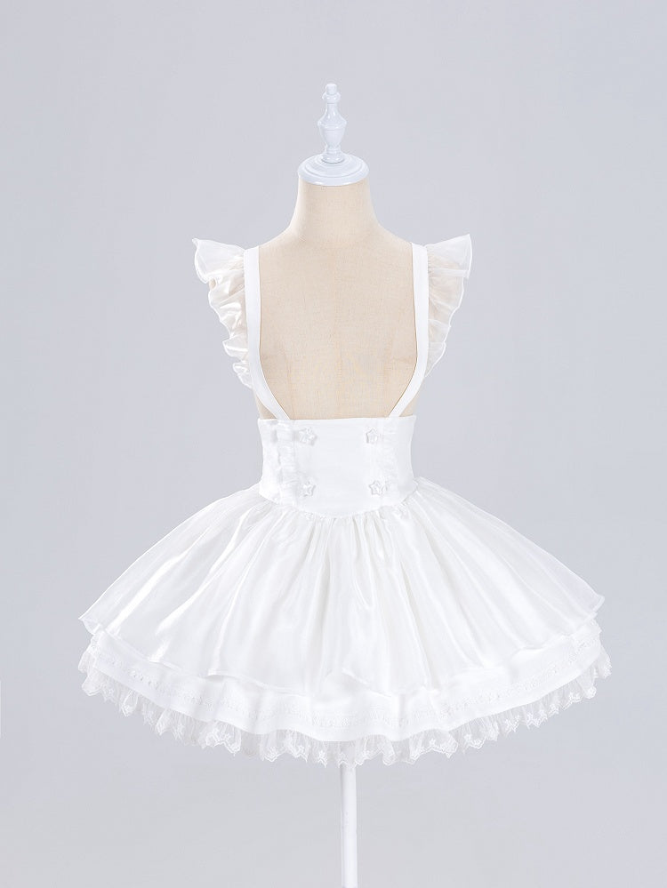 White Star Buttons High Waist Jirai Kei Skirt with Flutter Shoulder Straps