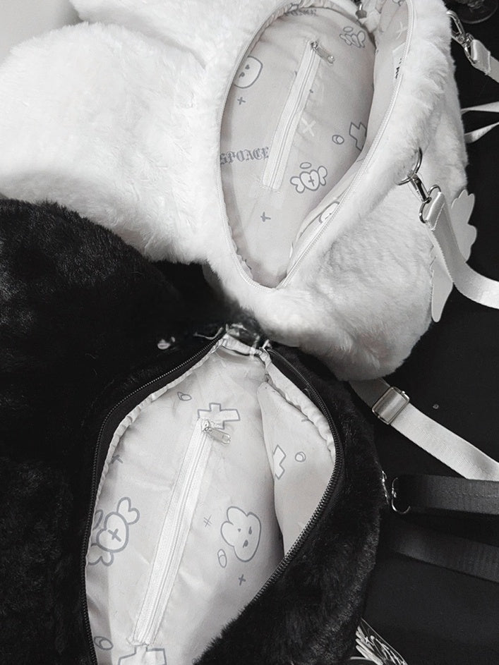 Kawaii Black / White Plush Bunny Backpack with Bendable Ears & Heart Eye Patch Design