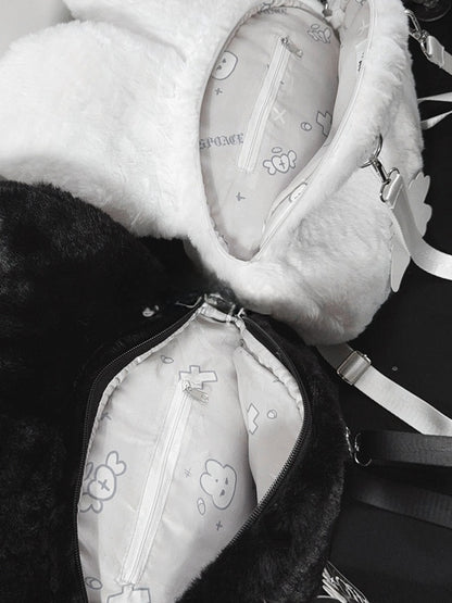 Kawaii Black / White Plush Bunny Backpack with Bendable Ears & Heart Eye Patch Design