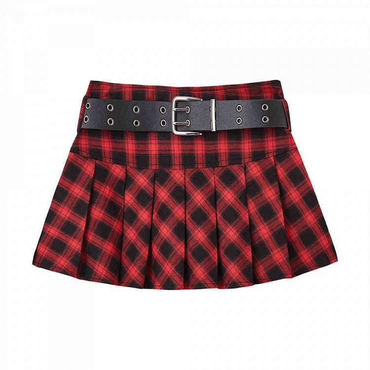 Punk Rock Red and Black Plaid Pleated Skirt with Free Waist Belt