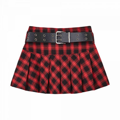 Punk Rock Red and Black Plaid Pleated Skirt with Free Waist Belt
