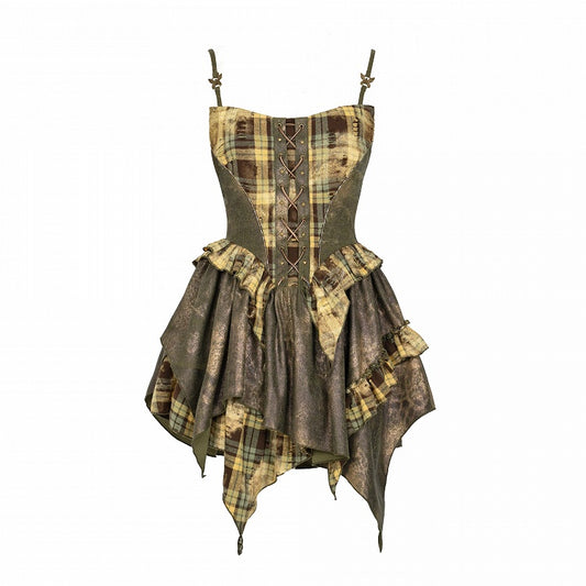 Green Plaid Handkerchief Hem Cami Dress with Lace-up Detail at Front