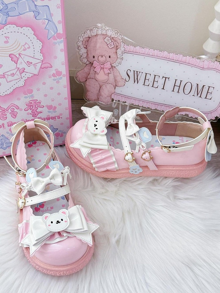 PU Pink Sweet Lolita Mary Janes - 3cm Flat Sole with Bear Theme & Heart Accents