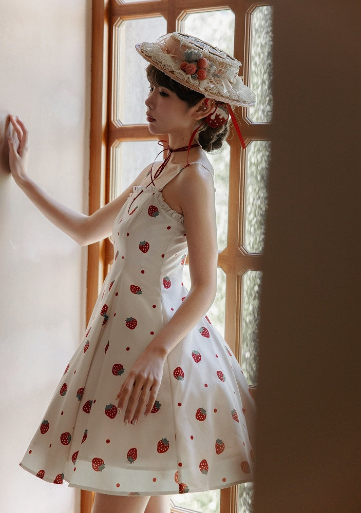 Summer Strawberry and Polka Dots Print Sun Dress White Sweet Lolita JSK