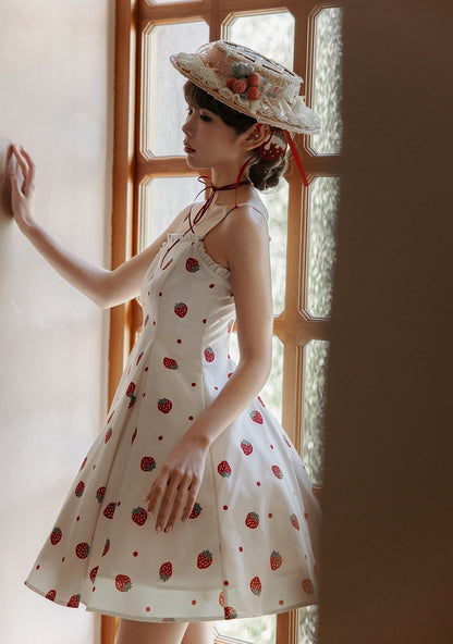 Summer Strawberry and Polka Dots Print Sun Dress White Sweet Lolita JSK