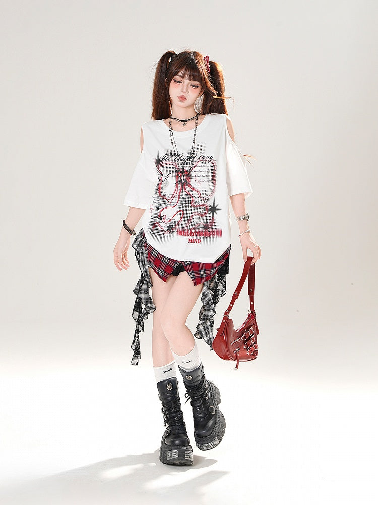 Plaid Hem Cutout Shoulder Black/White Graphic T-shirt