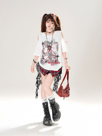 Plaid Hem Cutout Shoulder Black/White Graphic T-shirt