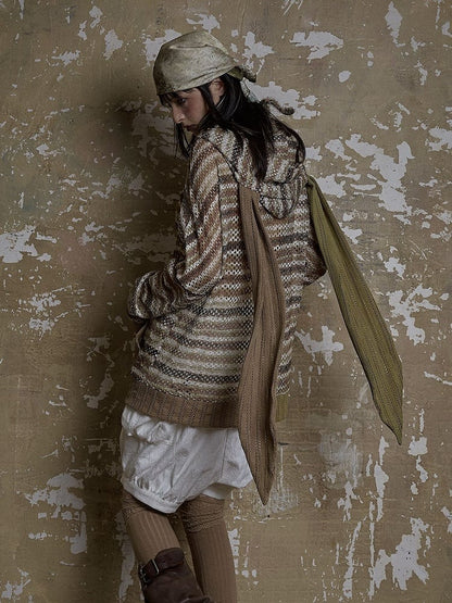 Dune Inspired Bunny Ears Brown Striped Hooded Top Hollow-out Design