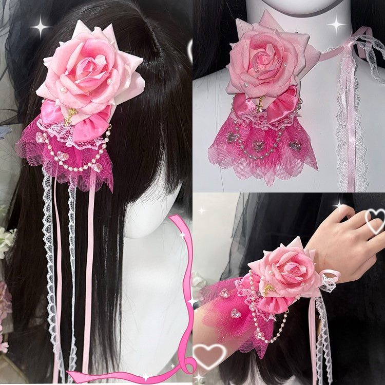 Pink Beaded Charm Floral Hairclip/Choker/Bracelet
