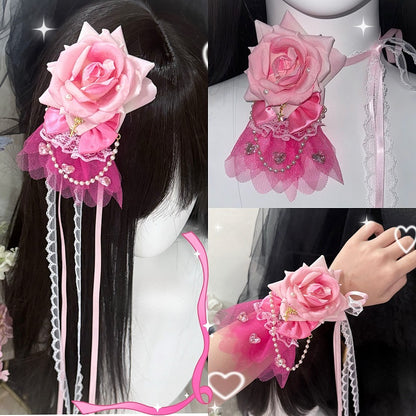 Pink Beaded Charm Floral Hairclip/Choker/Bracelet