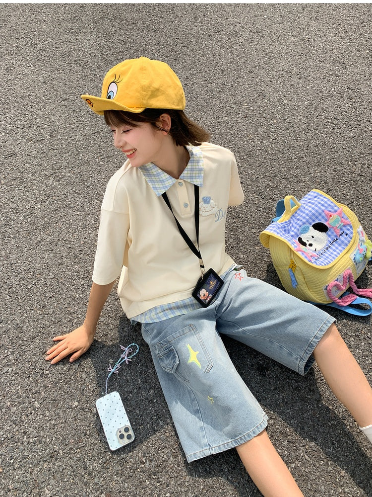 Colorful Star Print Blue Faded Wash Distressed Wide-leg Denim Shorts