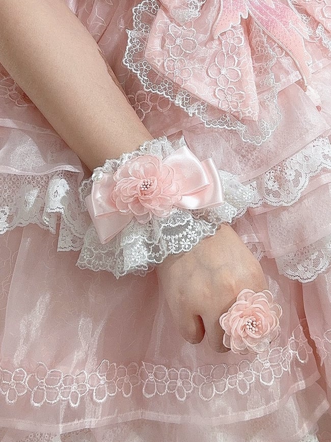 Pink Floral Design Bowknot Lace Wrist Cuffs