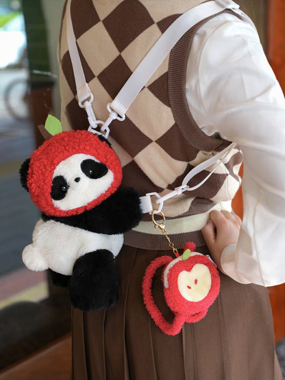 Cute Panda Plush Backpack/Crossbody Bag + Apple Hat + Apple Backpack Keychain