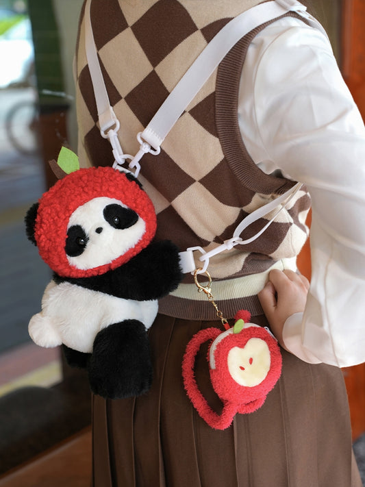 Cute Panda Plush Backpack/Crossbody Bag + Apple Hat + Apple Backpack Keychain