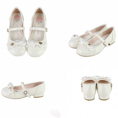 White Elegant Lolita Mary Janes - Low-heel Design with Heart-Adorned Bow & Vintage Circle Clasp